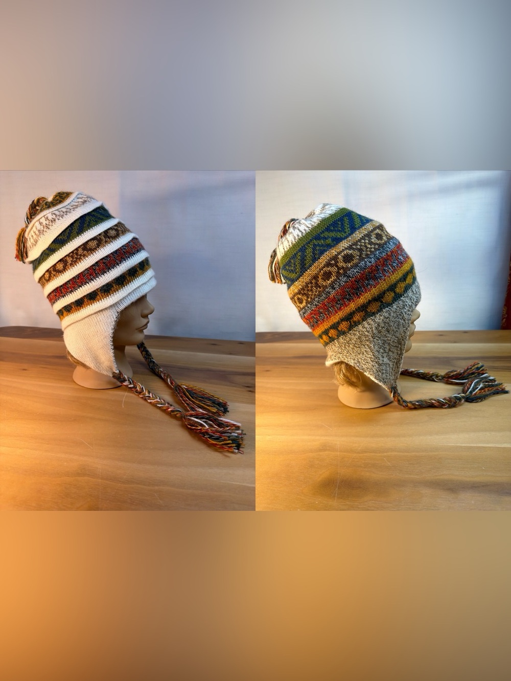 Soft Baby Alpaca Reversible Chullo Beanie Hat Beige Unisex Colorful Boho Peru